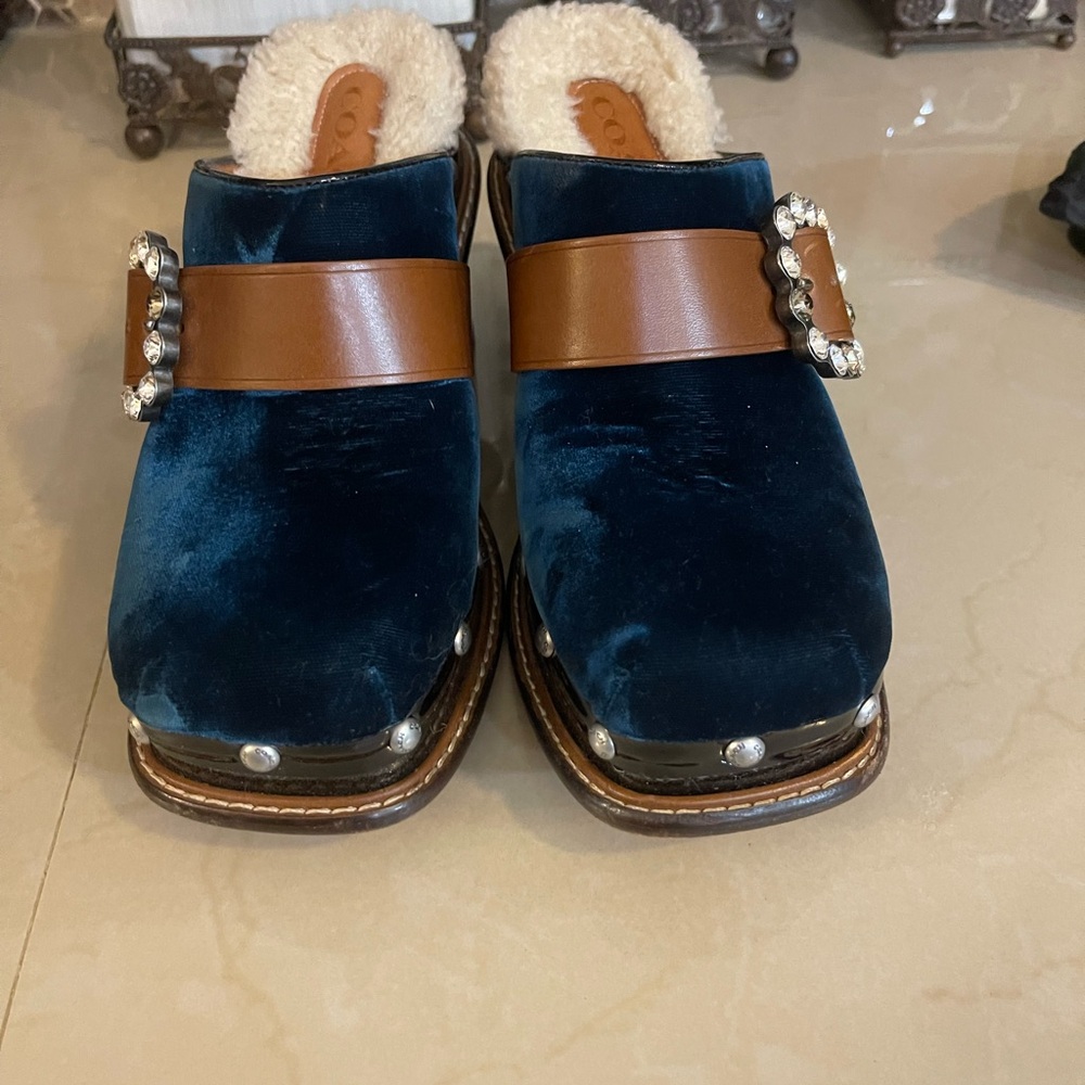 Coach Navy Velvet and Chestnut Leather Shearling Clog Mules with Crystal Buckle - Picture 3 of 11